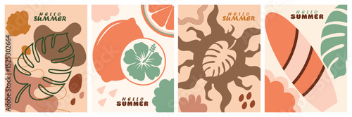 Bright, juicy design with abstract leaf shapes and minimalist plant elements for posters, banners, covers, ads & branding templates