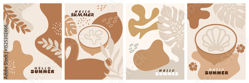 Happy concept summer bright and juicy cards set plants. Abstract and minimalist shape leaves element poster, covers, banner, ads, branding labels template