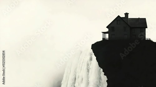 Monochrome house on cliff overlooking waterfall