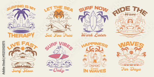 Vintage surfing beach t-shirt design bundle, Retro summer tropical beach graphic tee for print, Beach vector design set, Vacation design collection for apparel or clothing design