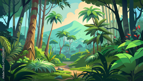 Lush tropical rainforest in Central America with dense vegetation, tall trees, and humid atmosphere, vector illustration