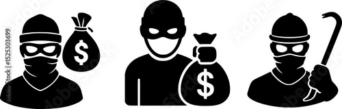 Vector illustration of three masked robbers carrying money bags and a crowbar, representing crime, security risks, and financial theft. Ideal for editorial use, crime-related graphics, and financial 