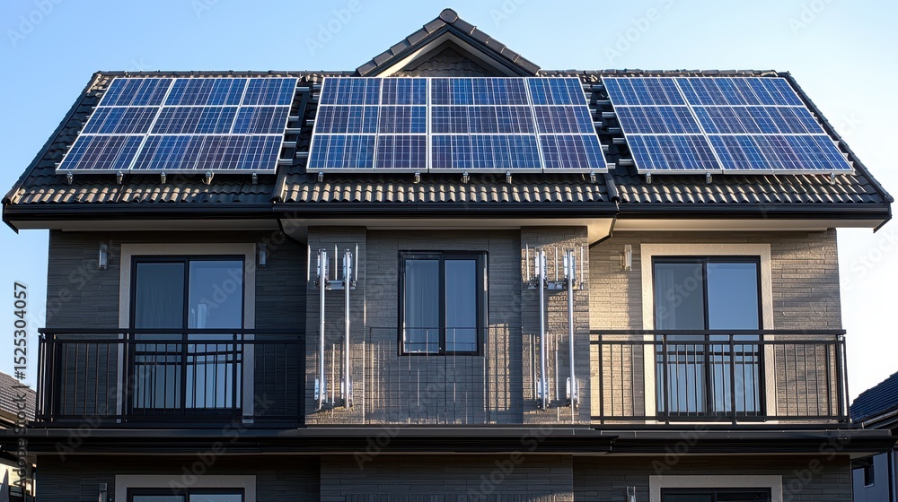 Fototapeta premium Panel mounting brackets rooftop installation on residential building with solar panels secured by professional mounting system