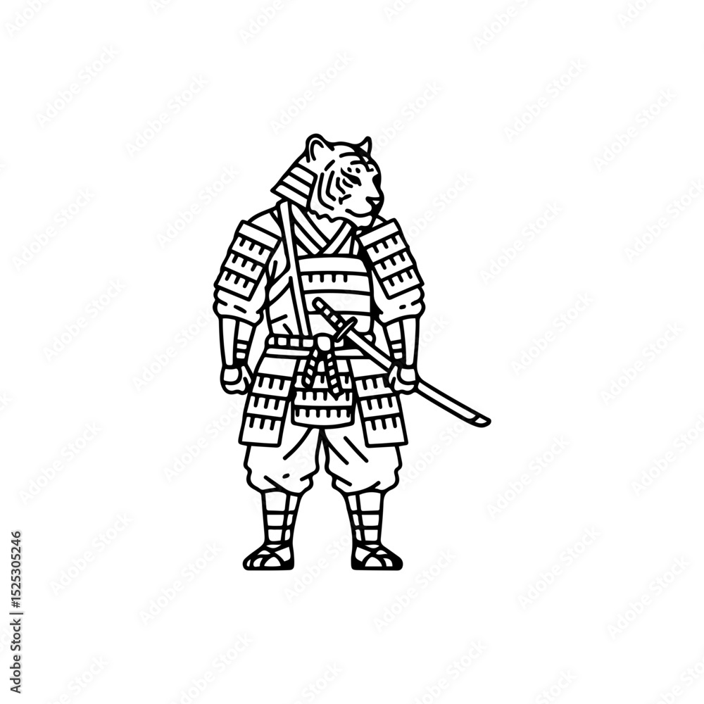 Fototapeta premium 刀を持ち、戦いに備える鎧姿のトラ。力と決意、武士道精神を象徴するミニマル線画アイコン。ファンタジーや文化テーマに最適