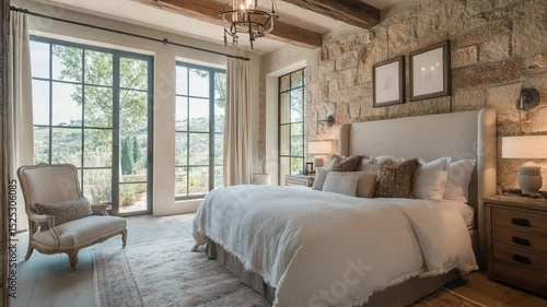 oho French country inspired bedroom interior with rustic decor and soft, modern touches