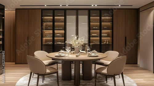 Scandinavian modern dining room with round table and minimalist decor