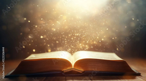 World Book Day, magic book opening with sparkling light, fantasy background