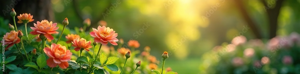 Obraz premium Serene, sun-dappled scene of a tranquil garden, flowers blooming quietly, soft light filtering through leaves Perfect for themes of peace, beauty, and stillness , landscape, petals, beauty