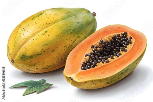Wallpaper Mural Whole and Halved Ripe Papaya on White Background – Realistic Vibrant Food Photography Torontodigital.ca