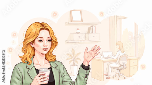 Young woman talking while holding a drink in a cozy office setting  