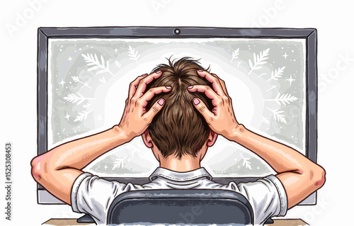Young man feeling stressed while working at computer in home office  
