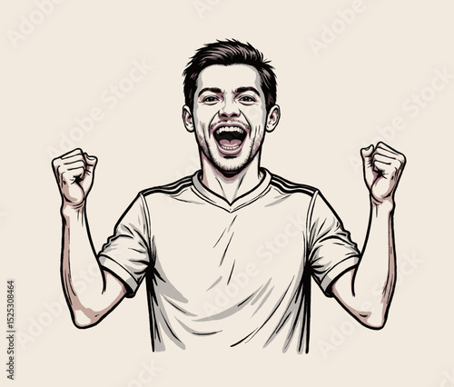 Male soccer player celebrating victory with raised fists  