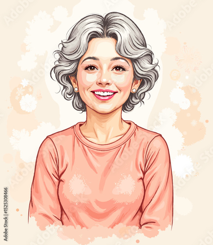 Smiling woman with curly gray hair in casual sweater portrait  