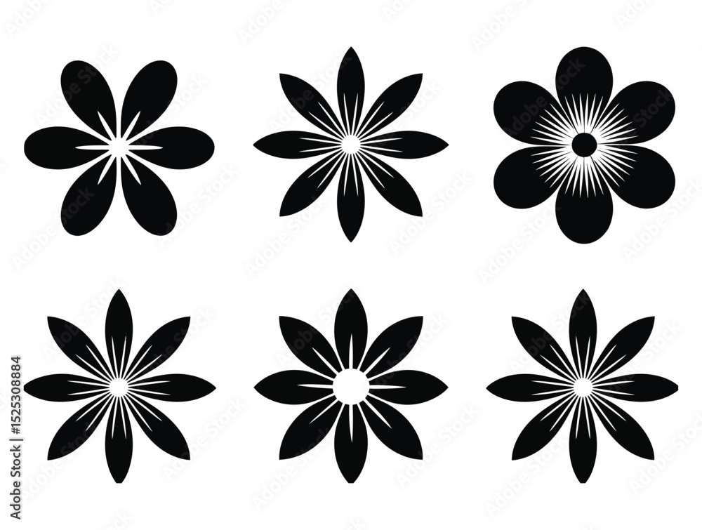 Fototapeta premium Black Flower Silhouette Icon Set Vector Illustration