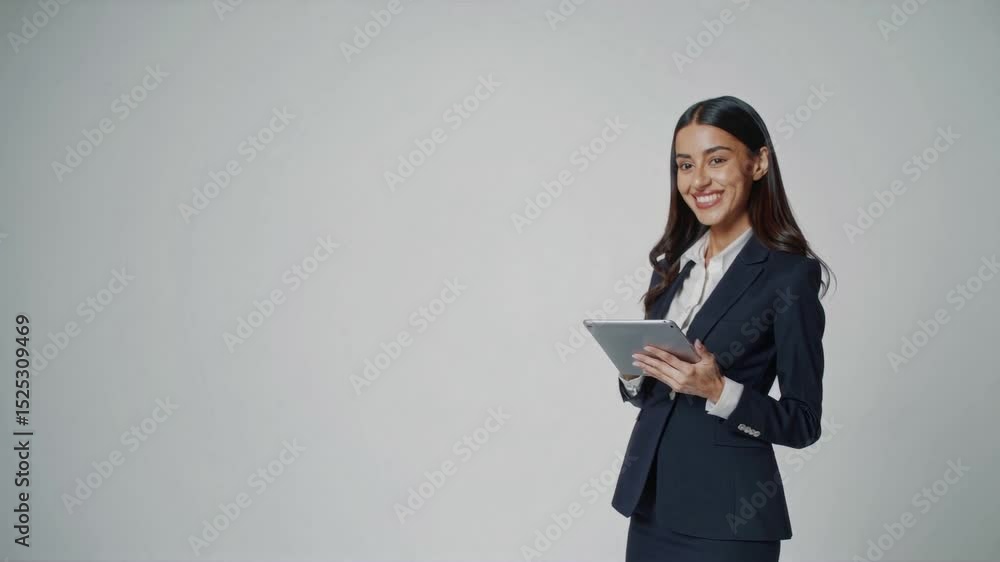 Young businesswoman in dark suit holding digital tablet, smiling in front of light background. Studio setting. Concept of career, professionalism, digital tools Young businesswoman in dark suit holding digital tablet, smiling in front of light background. Studio setting. Concept of career, professionalism, digital tools