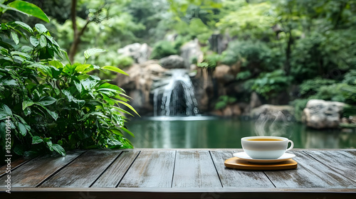 Relaxing break with hot beverage by the picturesque waterfall scenery