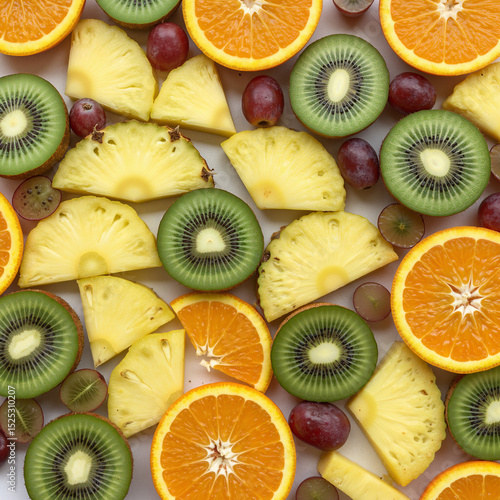 Top view of assorted sliced fruits, vibrant colorful style