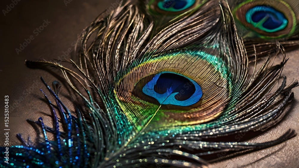 Obraz premium A Peacock's Feather with Iridescent Blue Eye in Closeup Against a Softly Illuminated Background
