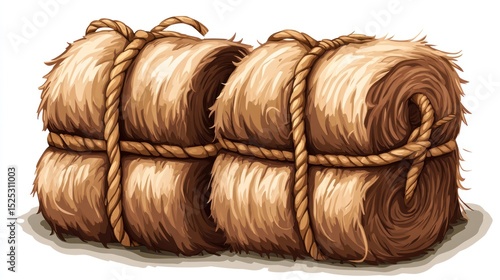 Two tightly bound bales of hay sit side-by-side against a white background. They are secured with tan rope