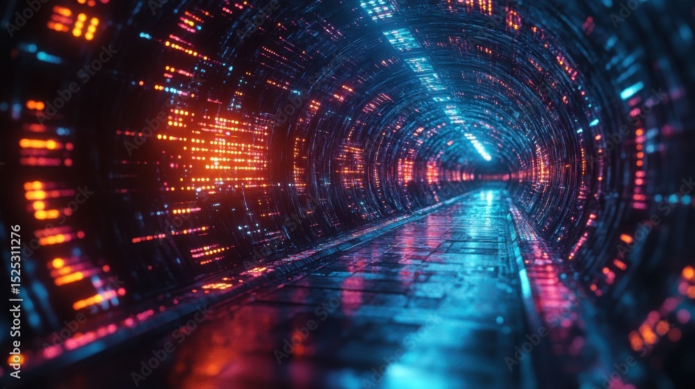 Obraz premium Futuristic Neon Tunnel Corridor Abstract Digital Sci Fi Data Stream Background