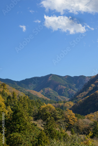 秋の青空と山々