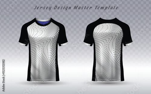 A modern athletic jersey template, showcasing front and back views with a striking monochrome dot pattern in black and white. Ideal for sports team uniforms or activewear apparel design.