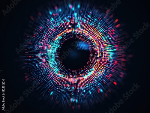 A vibrant, digital eye-like pattern made of colorful glowing dots radiates from a dark central circle on a black background.