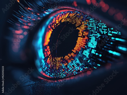 A close-up of a human eye with vibrant, digital neon patterns suggesting technology and artificial intelligence integration.