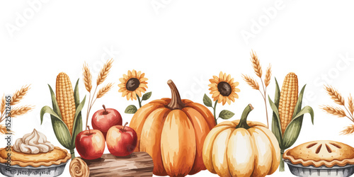 Autumn Harvest Pumpkins, Pies, and Corn Watercolor Illustration
