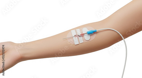 Close-up of an arm with a cannula inserted for intravenous therapy in a clinical setting shown.