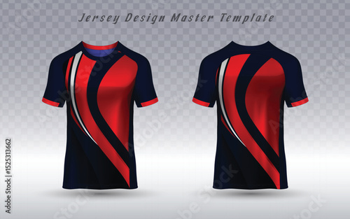  dynamic athletic jersey template, showcasing front and back views with a striking red, black, and white abstract design. Ideal for sports team uniforms or activewear apparel design.