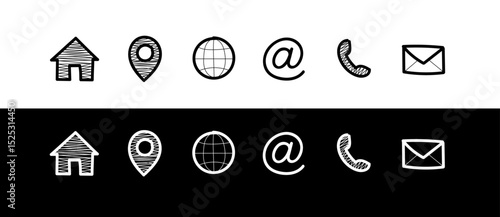 Doodle phone, email, website, location icon set. Hand drawn website icons for mobile and computer. doodle location, doodle @ vector line illustration.