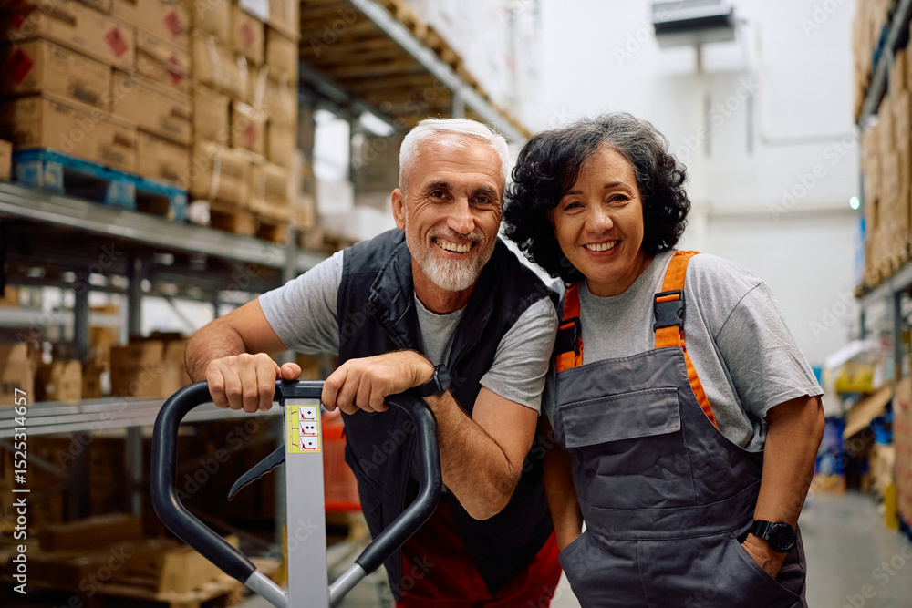 Happy senior worker and his female colleague working at distribution warehouse and looking at camera. Happy senior worker and his female colleague working at distribution warehouse and looking at camera.