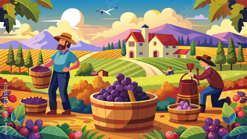 Farmers harvesting ripe grapes in a vineyard surrounded by fields, mountains and a country house at sunset