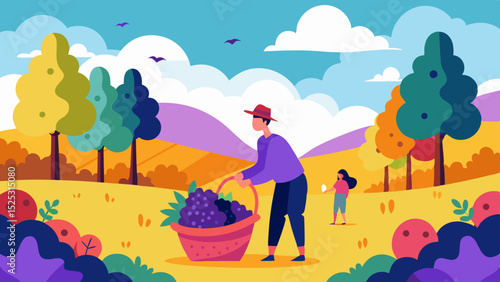 Person harvesting grapes in a colorful autumn landscape with hills, trees and a child in the background