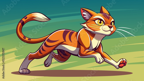 Confident cartoon orange cat with yellow eyes running swiftly across a stylized colorful background