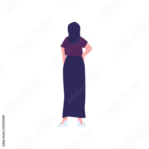 Woman in maxi skirt and t shirt back view illustration