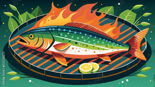 Colorful grilled fish cooking over open flame with lemon slices on a barbecue grill surrounded by leaves