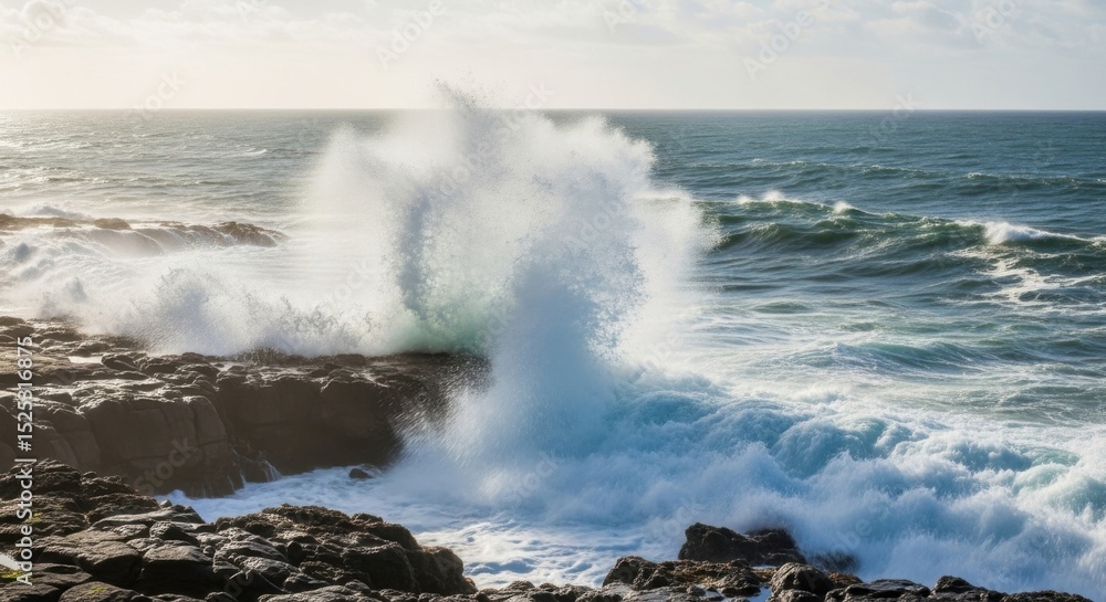 Obraz premium Spectacular Ocean Wave Crashing on Rocky Coastline A Stunning Natural Phenomenon
