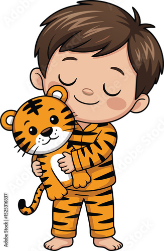 Boy with eyes closed cuddles a plush tiger toy. An illustration that evokes feelings of comfort, joy and innocence.