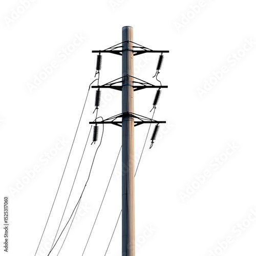 An eye-level shot of a utility pole, showcasing its robust structure and intricate wiring against a sky. The clean composition highlights its role in providing electricity.