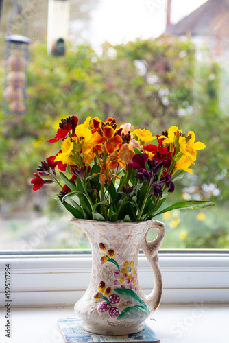 Beautiful display of wallflower flowers in a vintage jug vase on the windowsill of a home in UK, creating an attractive focus both from inside and out.