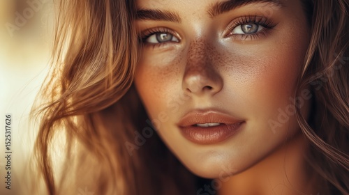 Wallpaper Mural Close-Up Portrait of Freckled Young Woman with Warm Golden Light for Beauty Editorial Torontodigital.ca