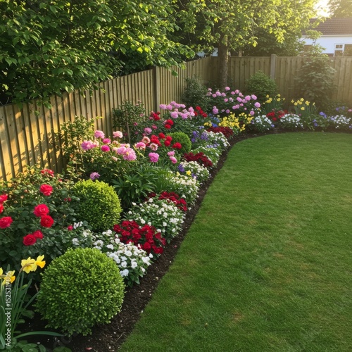 Colorful Flower Garden Border with Roses and Shrubs