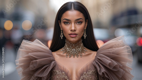 An elegant woman in a glamorous dress poses gracefully on a city street, exuding style and beauty.