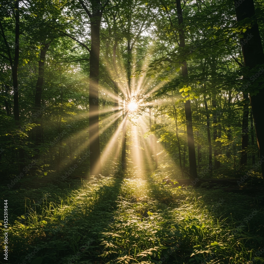 Fototapeta premium Sunbeams in Lush Green Forest