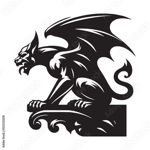 Bold Gargoyle pose graphic — gargoyle silhouette — gargoyle vector — silhouette of gargoyle — black mythical protector — clean fantasy vector — solid monster shape

