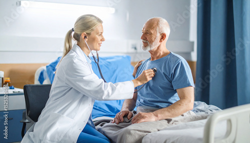 Doctor Using Stethoscope to Listen to Patient's Heartbeat and Breathing in Medical Checkup