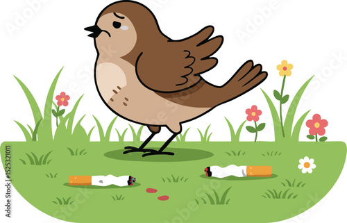 Small brown bird standing on grassy patch with cigarette butts and flowers vector illustration 