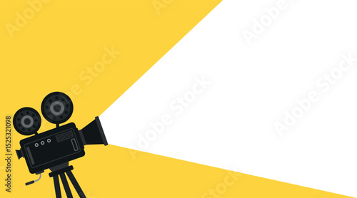 Retro movie camera with space for text. Film festival or movie time concept. Filmmaking equipment vector on yellow background. Ideal for cinema, film industry, and creative design banners.